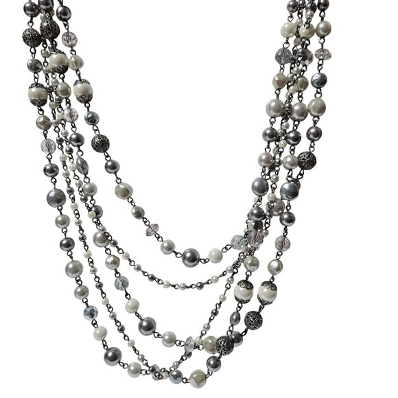 Elegant Faux Pearl Silver Beaded Multi Strand Necklace Statement Fashion Jewelry - Picture 1 of 6